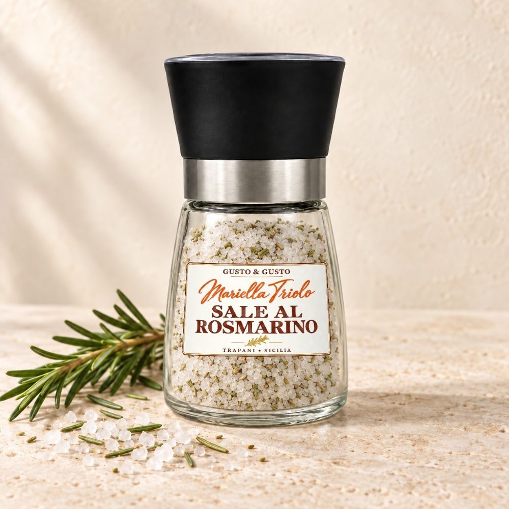 Macinino in Vetro Ricaricabile con Sale al Rosmarino ed Etichetta Ufficiale Gusto & Gusto Mariella Triolo